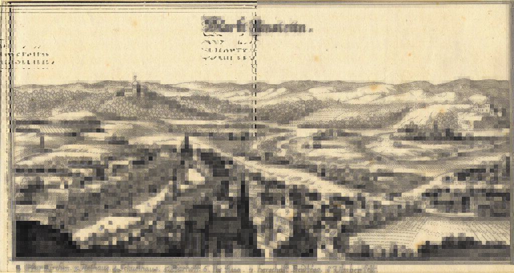 Ansichtskarte Amstetten 1649 - mit Pfarrkirche, Rathaus, Schule, Pfarrhof, Ybbs, Ulmerfeld