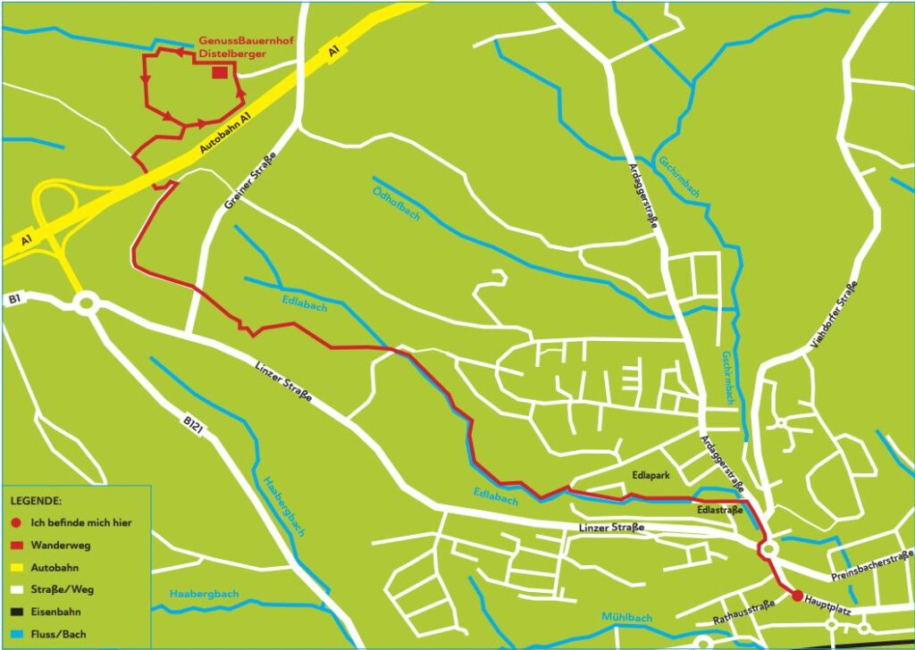 Landkarte mit eingezeichnetem Stadtwanderweg nach Gigerreith