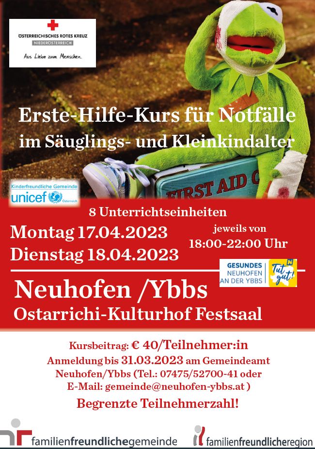 Plakat - Erste Hilfe Kurs für Notfälle im Säuglingsalter in Neuhofen/Ybbs. Montag 17.4.2023 und Dienstag 18.4.2023