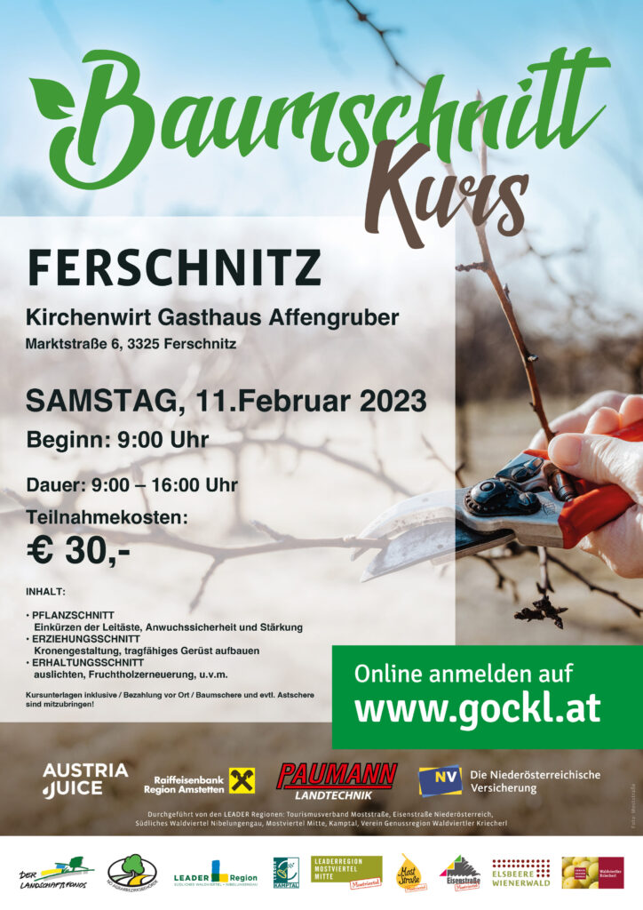 Informationen über den Baumschnittkurs in Ferschnitz.
Datum: Samstag, 11. Februar 2023
Beginn: 9:00 Uhr
Dauer: 09:00 - 16:00 Uhr
Teilnahmekosten 30€
